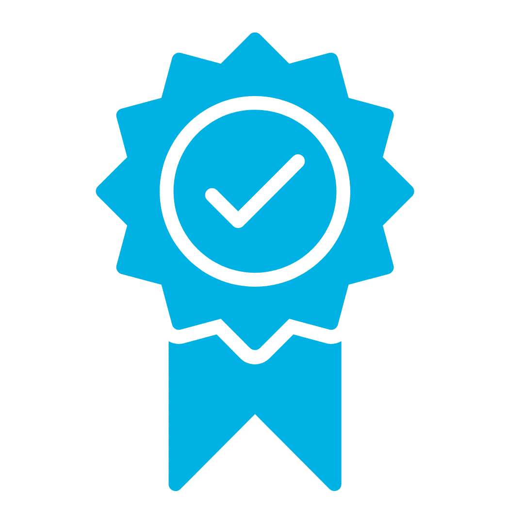 expert plumbing advice blue medal icon with tick in centre