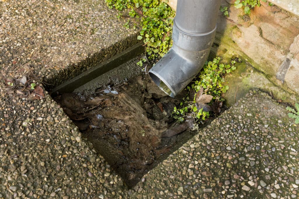 A blocked outdoor rainwater/storm drain