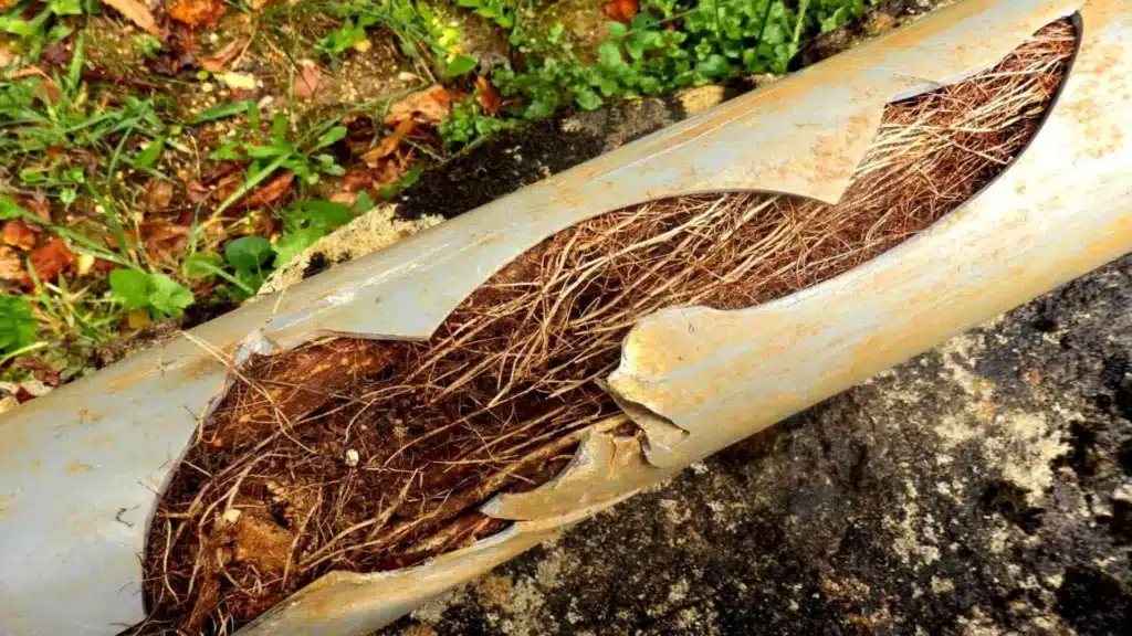 Compact tree roots in a PVC pipe